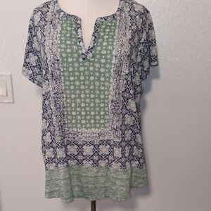 Lucky Brand Green and Navy Mixed-Print Short Sleeve Tunic Top